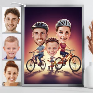 Benutzerdefinierte Familienfahrrad Karikatur - Digital Cartoon Portrait, Radfahren Wand Kunst Geschenk, lustige Dreirad Kunstwerk für Kinder, Eltern und sportliche Familien