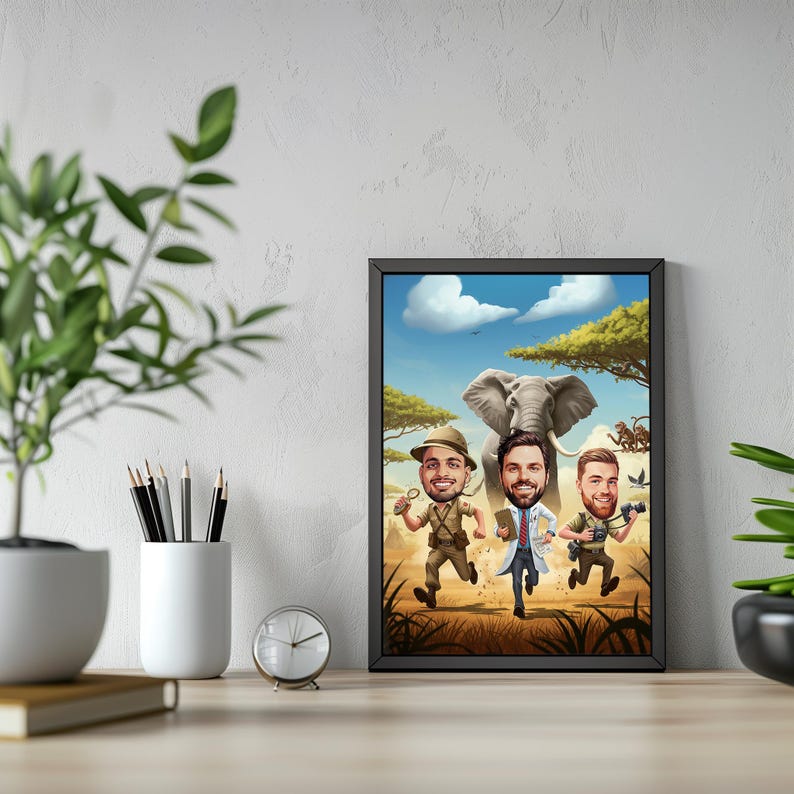 🌍 Custom safari caricature featuring a jungle explorer adventure. This wildlife portrait captures the thrill of an African safari, featuring adventurers running with an elephant in the background. Perfect as a nature wall art piece, a wildlife decor gift, or an outdoor adventure art print. Great for animal lovers, nature enthusiasts, and travelers! 🚀