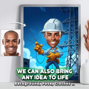 Op de afbeelding: Een ingelijste cartoonillustratie van een elektricien met een lachend gezicht, een witte helm, gele handschoenen en een blauwe overall. De achtergrond toont een elektriciteitsnet tegen een blauwe lucht. De tekst op de afbeelding luidt: "WE KUNNEN OOK ELK IDEE TOT LEVEN BRENGEN".