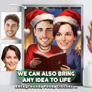 Couple Xmas Portrait, Custom Holiday Gift for Christmas, Holiday Caricature, Christmas Gift Idea, Secret Santa Gift, Funny Xmas Cartoon