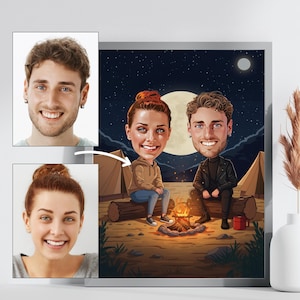 Custom Couple Camping Cartoon Portrait, Personalized Night Scene Digital Art, Campfire Drawing, Anniversary Gift, Adventure Memory