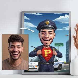 Custom Police Officer Portrait, Personalized Superhero Caricature from Photo, Police Digital Wall Art Gift, Law Enforcement Present