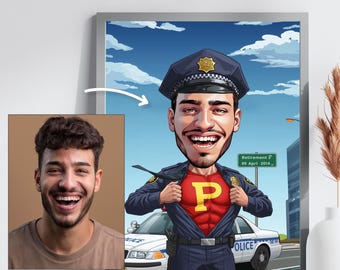 May include: A caricature of a police officer in uniform with a superhero costume underneath. He is smiling and holding his shirt open to reveal the costume. The officer is standing in front of a police car with a sign that reads "Retirement? 09 April 2014".