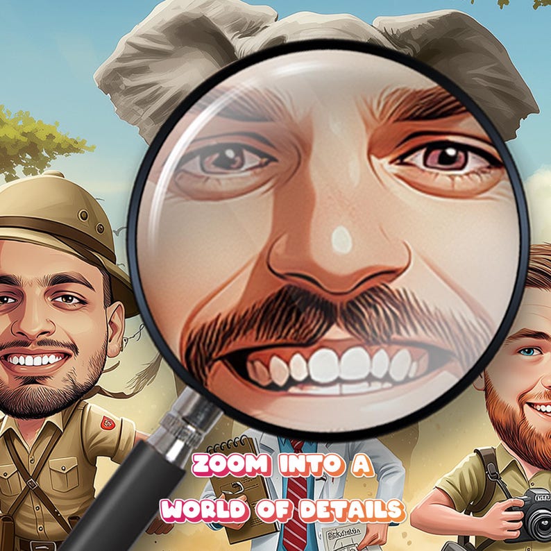 🌍 Custom safari caricature featuring a jungle explorer adventure. This wildlife portrait captures the thrill of an African safari, featuring adventurers running with an elephant in the background. Perfect as a nature wall art piece, a wildlife decor gift, or an outdoor adventure art print. Great for animal lovers, nature enthusiasts, and travelers! 🚀