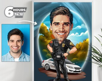 May include: A caricature of a police officer in uniform, standing next to a white police car. The officer is smiling and has a light blue background with clouds and trees.