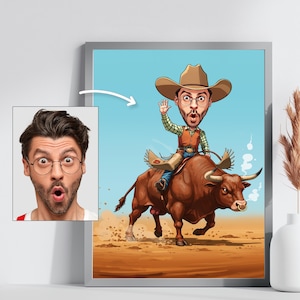Benutzerdefinierte Cowboy Cartoon Porträt | Personalisierte Bull Rider Digitale Kunst | Western Thema Karikatur | Einzigartiges Geburtstagsgeschenk | Rodeo Fanart