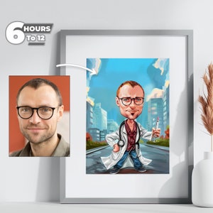 Könnte beinhalten: Eine Karikatur eines Arztes in einem weißen Kittel, der eine Spritze und ein Stethoskop hält, vor einer Skyline einer Stadt steht. Der Arzt trägt eine Brille und hat einen ernsten Gesichtsausdruck.