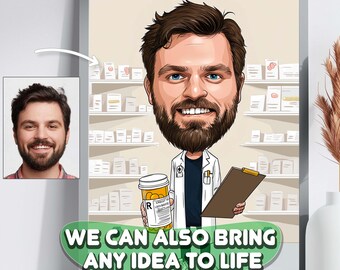 Pharmacist Art Caricature | Personalized Gift for Healthcare, Custom Cartoon Art for Graduation or Pharmacy Decor and Doctor Caricature