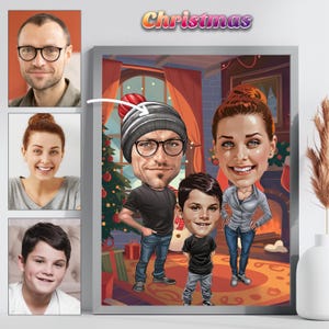 Aangepaste cartoonanimatie, gepersonaliseerd familieportret, vakantiekarikatuur, portret in cartoonstijl, digitale tekeningen en illustratie
