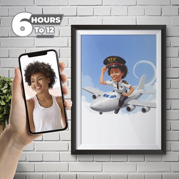 Custom Pilot Caricature Portrait - From Your Photo Cartoon Style, Female Pilot, Unique and Special Gift For Women, Digital Download.