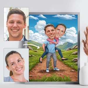Retrato de pareja personalizado en caricatura / Caricatura de aventura de senderismo a partir de una foto / Arte de regalo de montaña personalizado / Ilustración digital