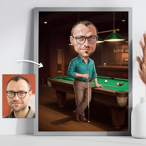 Portrait personnalisé de caricature de joueur de billard, art numérique de salle de billard, cadeau personnalisé de table de billard, dessin numérique d'art mural de salle de jeux de bar