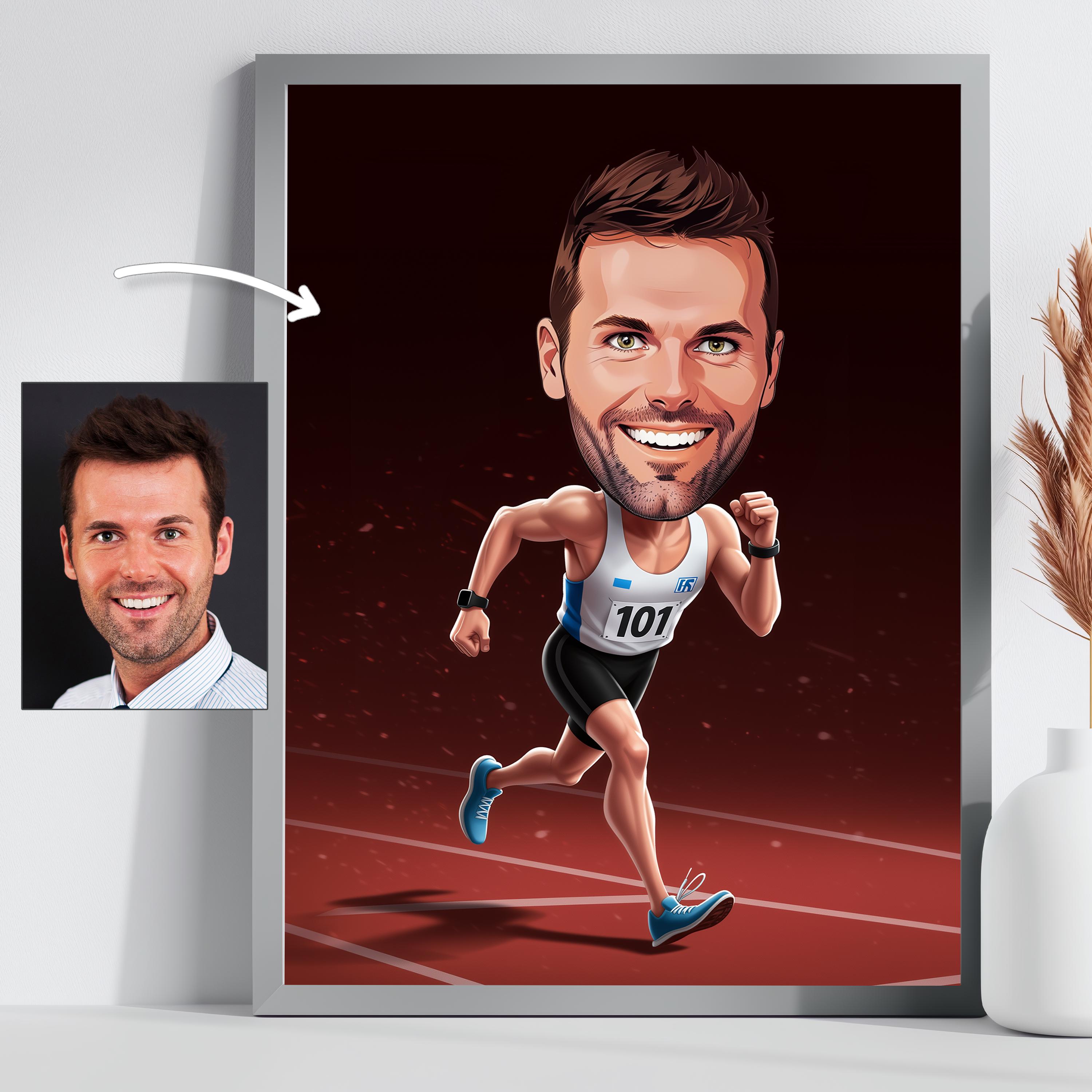 Custom Runner Caricature - Personalized Marathon Portrait - Unique Running Gift for Track Athletes, Sprinters & Race Enthusiasts