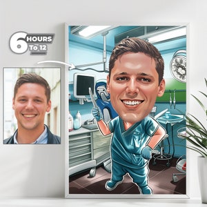 Puede incluir: Una ilustración de dibujos animados de un médico con uniforme azul que sostiene una herramienta médica. El médico está de pie en una sala de operaciones de un hospital con equipo médico en el fondo.