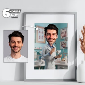 May include: A cartoon illustration of a dentist holding a tooth and a dental tool. The dentist is wearing a white lab coat and has a big smile. The background is a blue wall with a dental office setting.