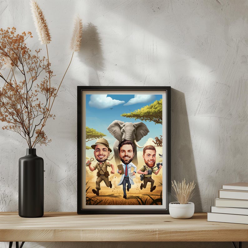 🌍 Custom safari caricature featuring a jungle explorer adventure. This wildlife portrait captures the thrill of an African safari, featuring adventurers running with an elephant in the background. Perfect as a nature wall art piece, a wildlife decor gift, or an outdoor adventure art print. Great for animal lovers, nature enthusiasts, and travelers! 🚀