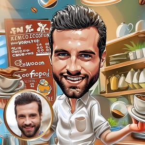 Op de afbeelding: Een cartoonillustratie van een barista die koffie serveert in een caf&eacute;. De barista draagt een wit shirt en heeft een baard. Het caf&eacute; heeft een bord met de tekst "Cowoaon Soofiopor!" en een plank met koffiekopjes en andere items.