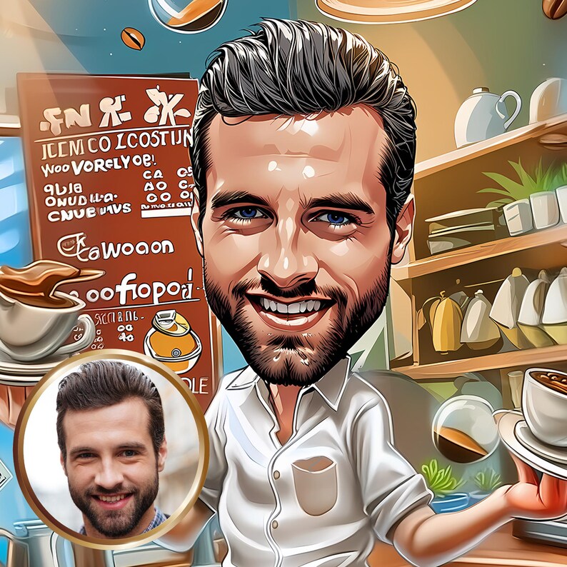 Op de afbeelding: Een cartoonillustratie van een barista die koffie serveert in een caf&eacute;. De barista draagt een wit shirt en heeft een baard. Het caf&eacute; heeft een bord met de tekst "Cowoaon Soofiopor!" en een plank met koffiekopjes en andere items.