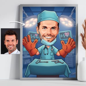 Benutzerdefinierte Chirurg Karikatur | Lustige medizinische Cartoon Kunst | OP-Saal-Wand-Dekor | Doktor-Abschluss-Geschenk | Digitaldruck