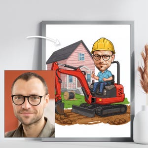 May include: A cartoon illustration of a person wearing a yellow hard hat and blue shirt operating a red mini excavator. The excavator is digging in the dirt near a pink house.