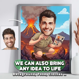 Scena vulcanica personalizzata, cartone animato vulcanico, foto in cartone animato / regalo personalizzato per lui, divertente arte vulcanica, cartone animato avventuroso, regalo per il marito