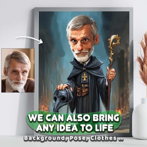 Könnte beinhalten: Gerahmter digitaler Kunstdruck mit einer Karikatur eines älteren Mannes mit grauem Haar und Bart, der einen schwarzen Umhang trägt und eine Pestdoktormaske und einen goldenen Stab hält. Der Text "WE CAN ALSO BRING ANY IDEA TO LIFE" ist enthalten.