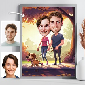 Aangepaste herfst karikatuur hond wandelend stel | Gepersonaliseerde cartoon | Leuk digitaal cadeau voor dierenliefhebbers, herfstjubilea en verjaardagen!