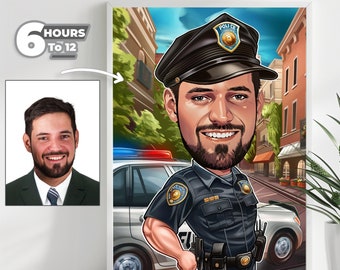 May include: A caricature of a police officer in uniform, standing in front of a police car. The officer is wearing a blue uniform with a badge, a black hat with the word "POLICE" on it, and a black belt with a gun holster. The officer is smiling and has a beard. The police car is white with blue and red lights on top. The background is a city street with buildings and trees.