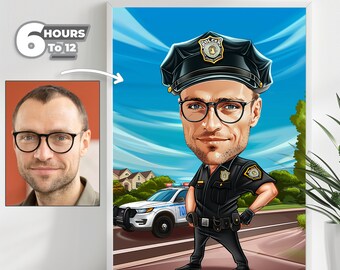 May include: A caricature of a police officer in a blue uniform with a black hat and glasses. The officer is standing in front of a police car with a blue and white paint scheme. The background is a blue sky with white clouds.