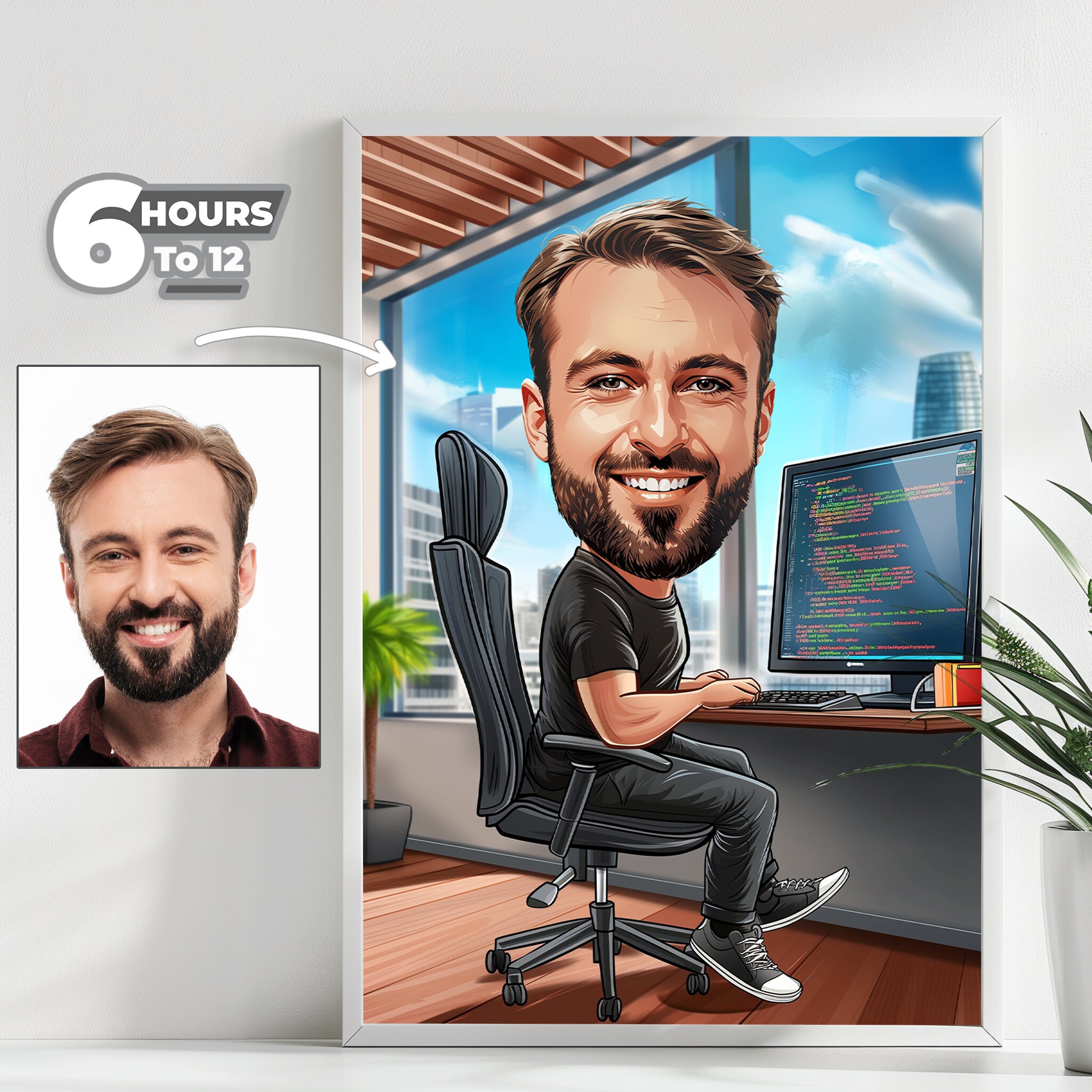 Custom Programmer Caricature Portrait - Unique Gift for Developers and Software Engineer, Cartoon Style, Digital Download
