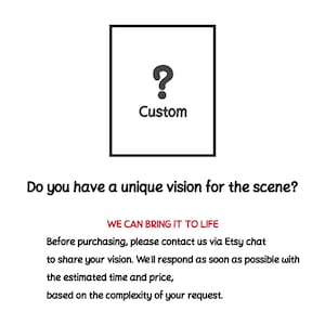 Op de afbeelding: Een witte achtergrond met een zwart vierkant dat een vraagteken en het woord "Custom" bevat. De tekst onder het vierkant luidt "Heeft u een unieke visie voor de sc&egrave;ne?" en "WE CAN BRING IT TO LIFE". De tekst eronder luidt "Neem voor aankoop contact met ons op via Etsy chat om uw visie te delen. We zullen u zo snel mogelijk de geschatte tijd en prijs laten weten, op basis van de complexiteit van uw verzoek."