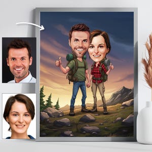 Benutzerdefinierte Wandern Paar Karikatur - Personalisierte Outdoor Abenteuer Cartoon - Digitale Kunst Geschenk für Wanderer - Lustiges Camping Porträt