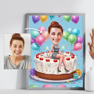 Retrato de cumpleaños personalizado con dibujos animados / Arte digital en tarta de cumpleaños / Regalo de cumpleaños personalizado / Descarga de arte divertido con dibujos animados