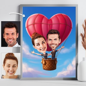 Custom Couple Caricature - Romantic Hot Air Balloon Gift - Digital Wedding Anniversary Portrait - Valentines Personalized Artwork