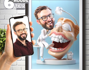 Pode incluir: Uma ilustração de desenho animado de um dentista examinando uma boca grande e sorridente. O dentista está vestindo um jaleco branco e óculos. A boca está bem aberta, revelando um conjunto de dentes brancos. A imagem está emoldurada em uma moldura preta.