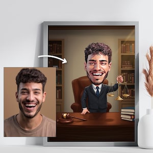 Custom Lawyer Portrait Gift, Personalized Attorney Caricature from Photo, Legal Office Wall Art, Judge Courtroom Digital Drawing Gift