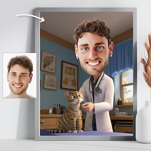 Custom Veterinarian Caricature - Funny Pet Doctor Cartoon Portrait - Personalized Digital Vet Gift for Cat Lovers & Animal Clinic Decor