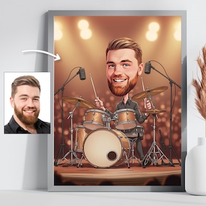 Arte personalizzata per batteristi, caricatura musicale personalizzata, regalo ritratto a fumetti per musicisti, idea regalo musicale unica e decorazione murale per batteristi