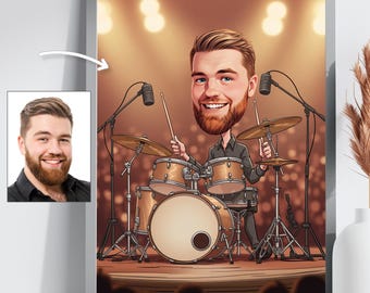 May include: A caricature of a person playing the drums on a stage with a microphone and spotlights. The person has a large head and a beard. The drums are brown and gold.