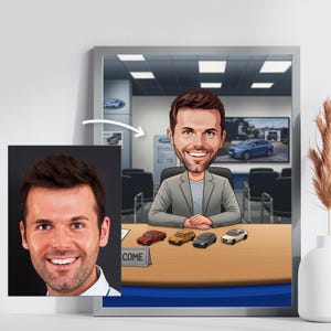 Custom Car Sales Portrait, Personalized Auto Dealer Caricature, Professional Business Gift, Car Showroom Drawing, Digital Cartoon Print Gift