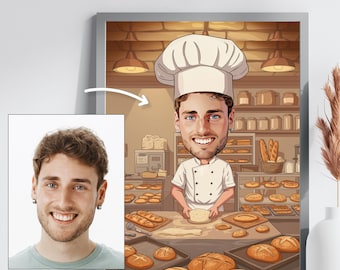 Retrato de caricatura de panadero personalizado / Caricatura de chef personalizada a partir de una foto / Regalo para dueños de panaderías / Arte de pared para cocinas / Decoración de restaurantes