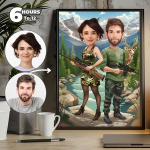 Benutzerdefiniertes Jäger-Karikaturporträt - Von Ihrem Foto, Jagdporträt, besonderes Geschenk für Jäger, Paare Jäger Karikatur Digitaler Download.