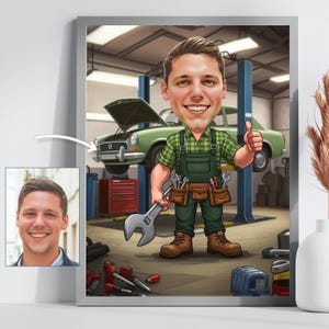 Puede incluir: Una ilustración de dibujos animados de una persona con un uniforme de mecánico verde y marrón que sostiene una llave inglesa. La persona está de pie en un garaje con un coche en un elevador en el fondo.