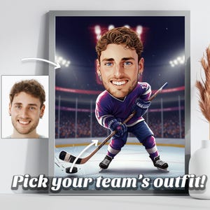 Caricatura de Hóquei Personalizada | Retrato de Jogador de Gelo Personalizado | Presente Esportivo Engraçado para Amantes de Hóquei e Fãs da NHL | Impressão de Desenho Animado Digital