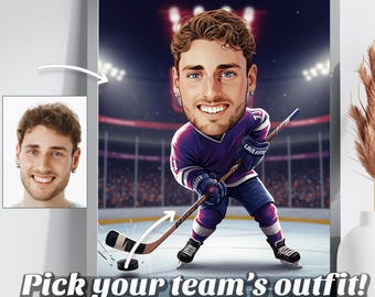 May include: Cartoon illustration of a hockey player wearing a purple jersey with a white number one on the front. The player is holding a hockey stick and is on the ice. The background is a hockey arena with lights and fans.