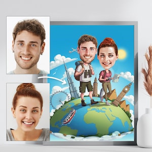 Caricatura de pareja de viajeros personalizada, retrato de dibujos animados de lugares de interés mundial, dibujo digital de trotamundos, regalo de caricatura de aventuras