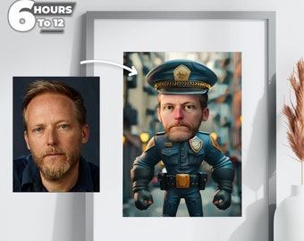 May include: A framed illustration of a cartoon police officer with a blue uniform and a gold badge. The officer has a large head and a serious expression. The background is a blurry city street.