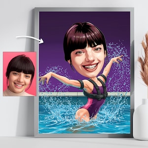 Puede incluir: Una caricatura de una persona con una cabeza grande y rasgos exagerados, que lleva un traje de baño morado y un arnés negro, se muestra nadando en una piscina. La persona sonríe y tiene los brazos extendidos. El agua salpica a su alrededor.