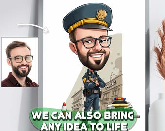 May include: A framed cartoon illustration of a police officer with glasses and a beard, wearing a blue uniform and hat. The image includes a police car and the text "WE CAN ALSO BRING ANY IDEA TO LIFE".