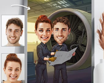 貴方、又はカップルの肖像画を描きます！ カスタム航空カップル似顔絵 | パーソナライズされた飛行機エンジニア